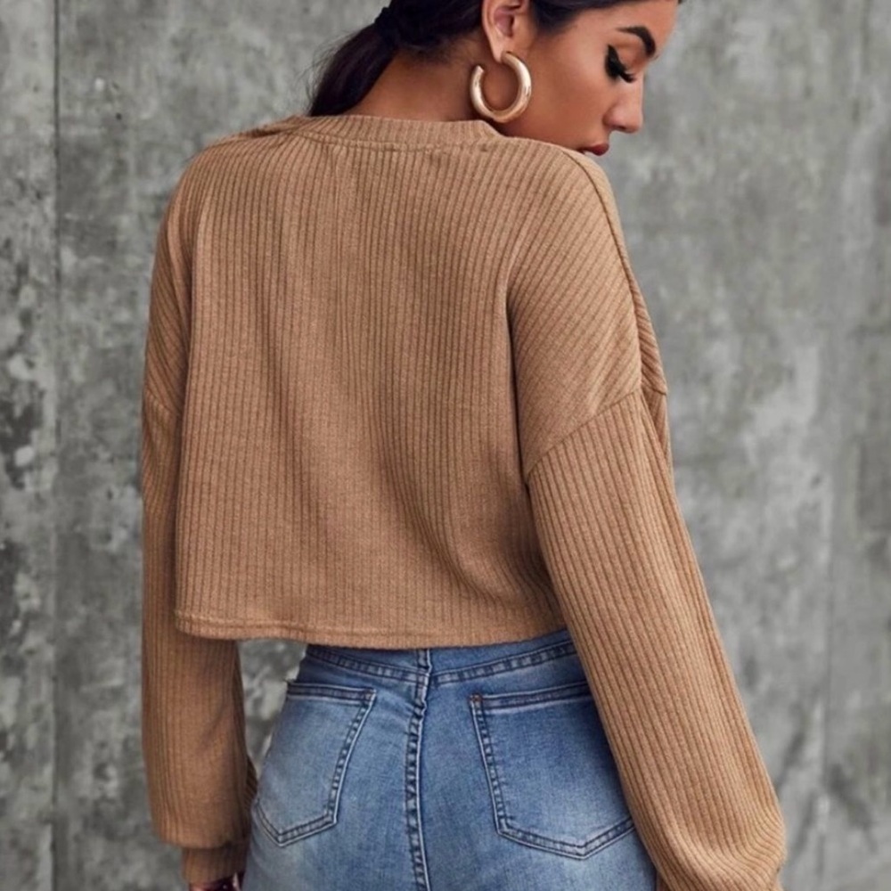 Cropped Tan Ribbed Knit Sweater - Picture 4 of 7